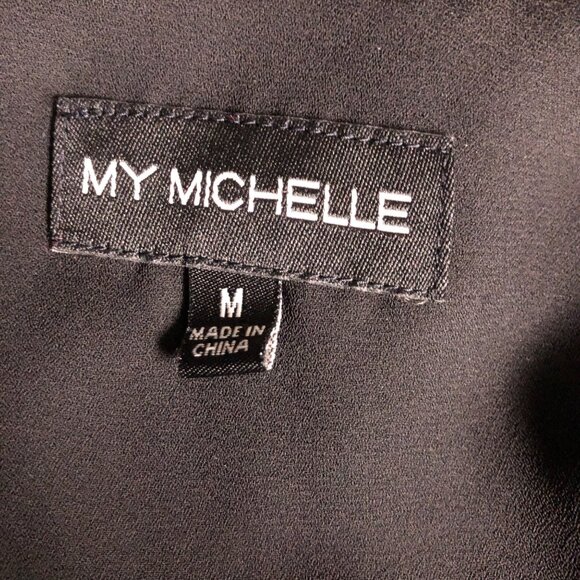 My Michelle Top Womens Medium Black Silver Metallic Sheer V Neck Long Sleeve - Picture 5 of 6